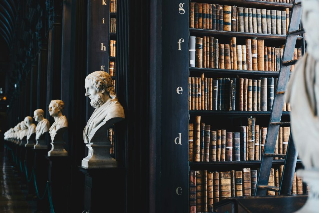 Historische Bibliothek mit Büsten und Leiterregalen voller Bücher